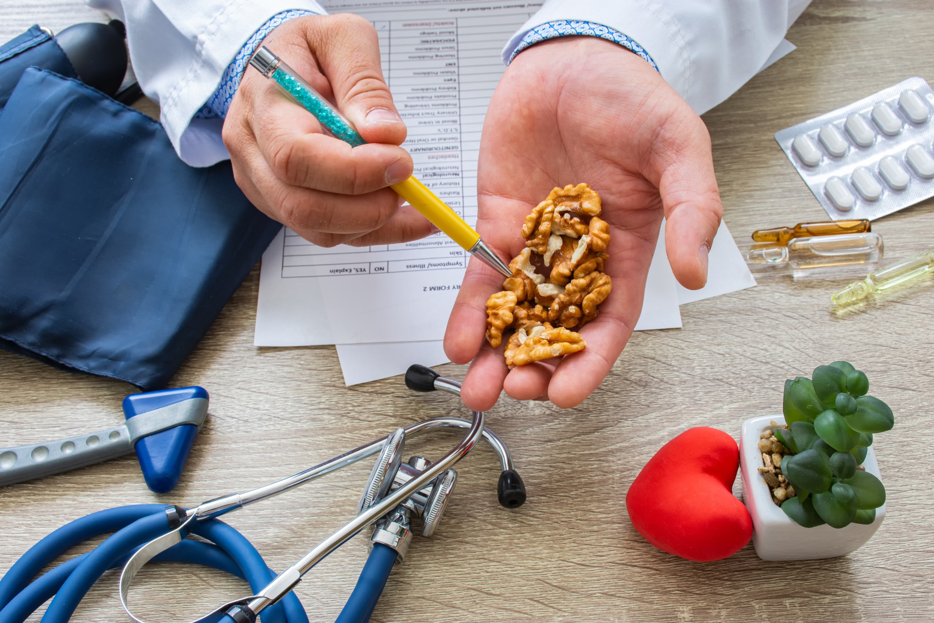 Doctor nutritionist during consultation held in his hand and shows patient walnut kernels. Counseling and explanation of use of walnut kernels in food and diet, health benefits, effect on body